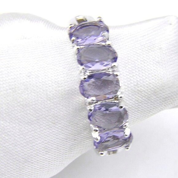 Amethyst Ring, Genuine Gemstone 5 Mm Round ,set in 925  Amethyst 5 Stone Sterling Silver Plated Ring